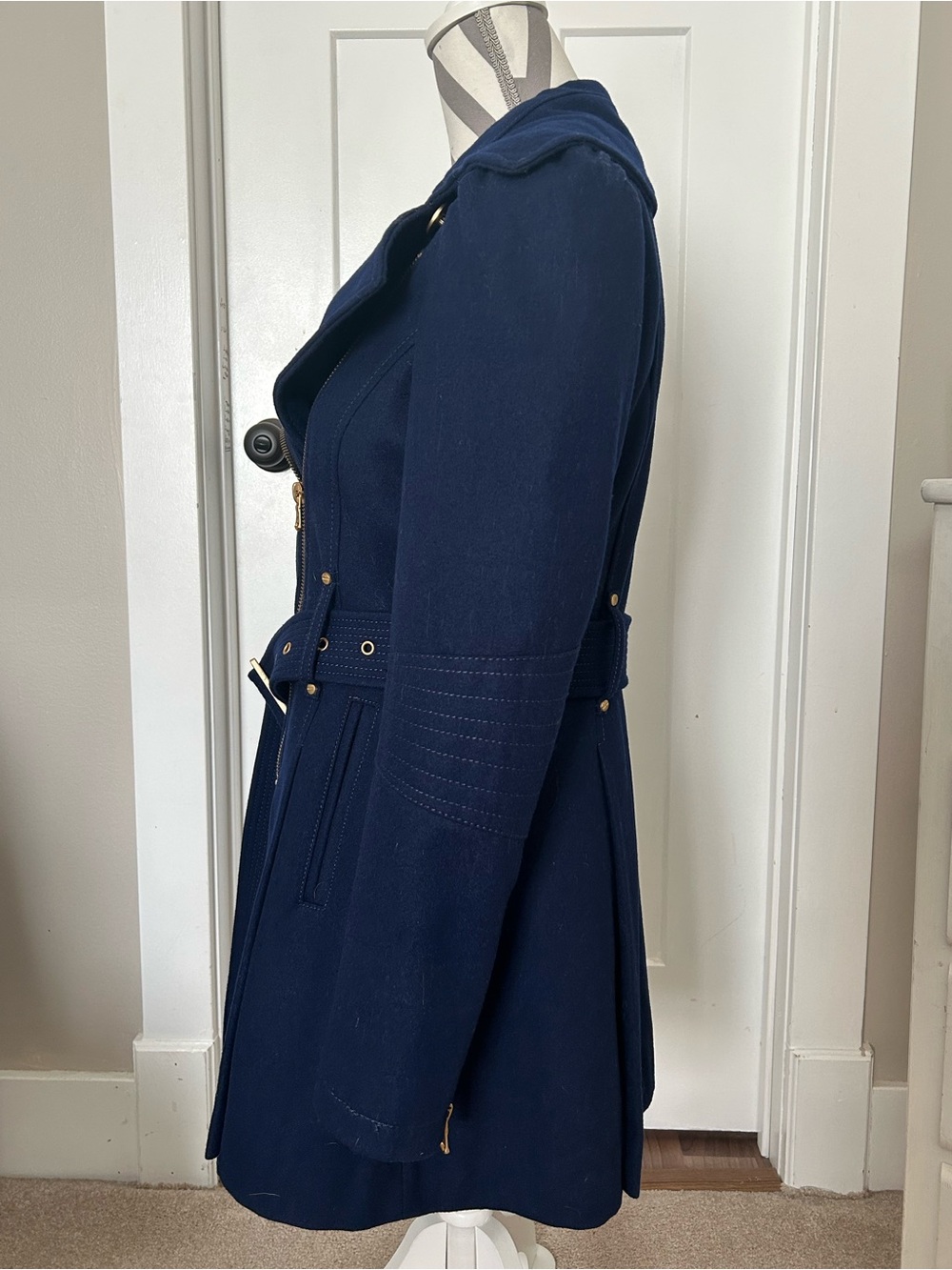 Kenneth Cole New York Navy Belted Wool-Blend Pea Coat with Gold Hardware - Picture 2 of 9